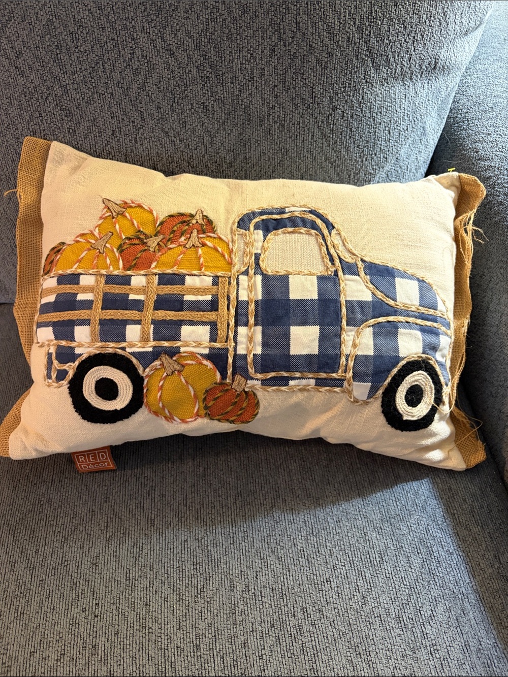 Blue Gingham Pumpkin Truck Decorative Pillow by